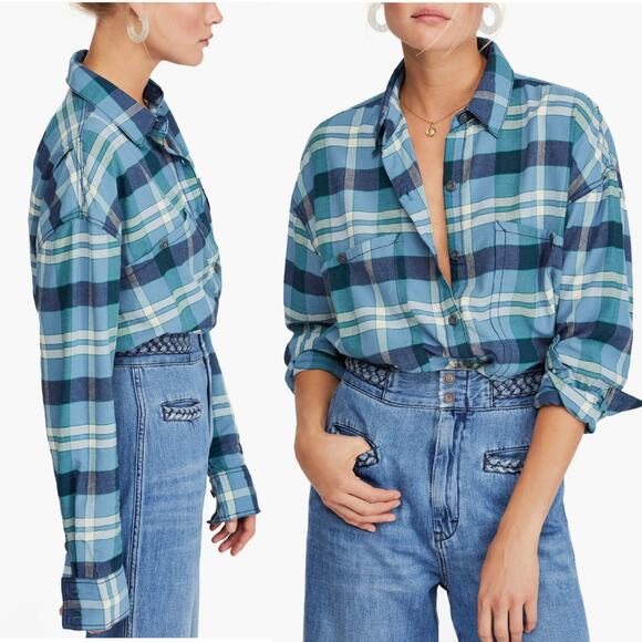 Free People Tops - Free People Loveland Plaid Shirt Blue Raw Hem Oversize Size XS Button Up Boho